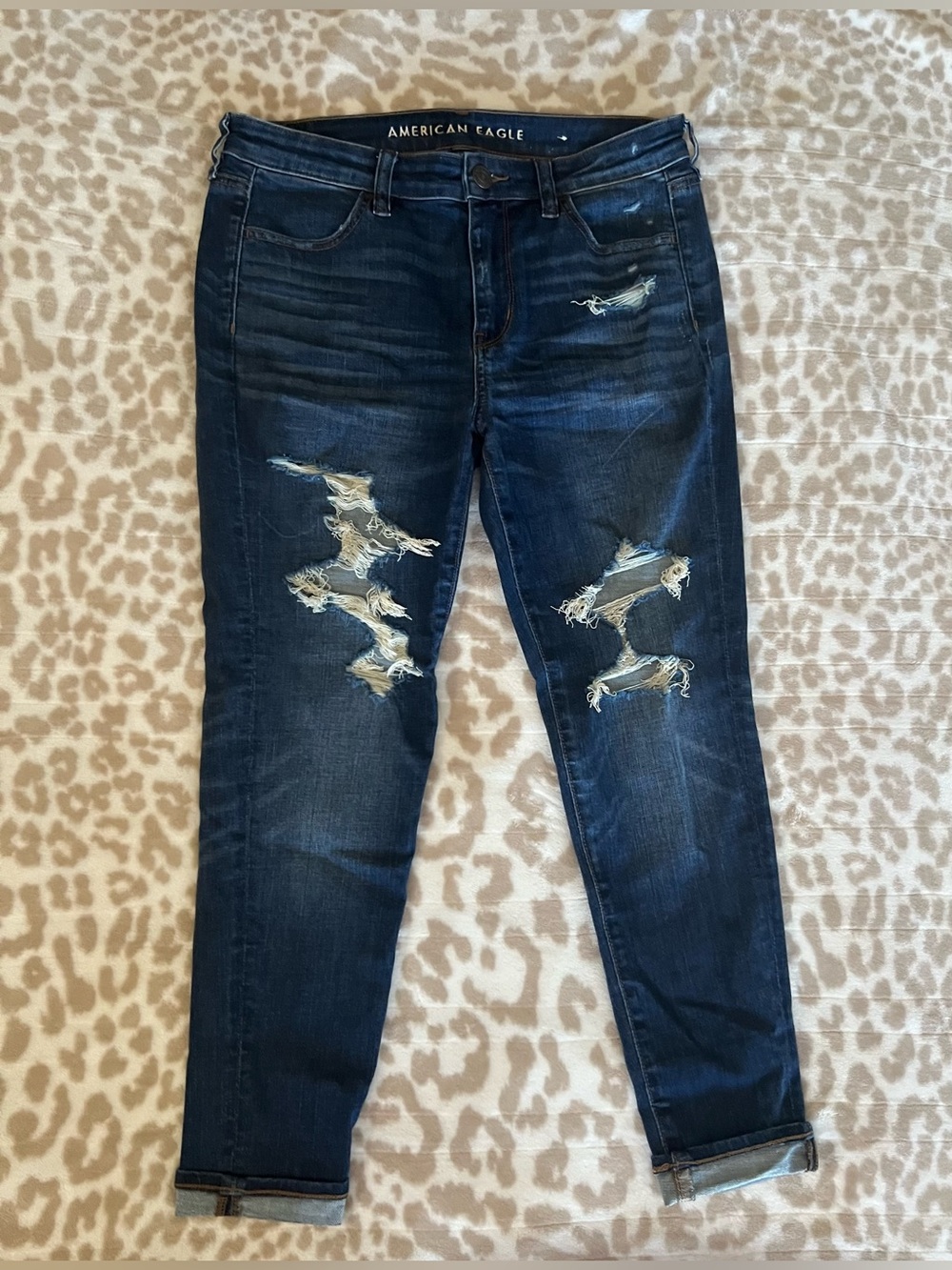 American Eagle HR Women's Dark Wash Distressed Jeggings, Size 10 *SHORT